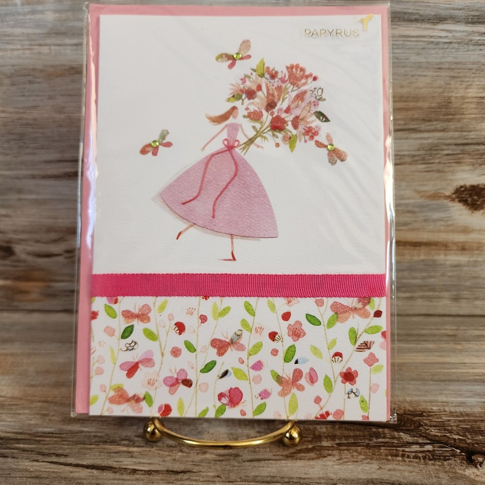 Papyrus Mothers Day Card Anna Walker Girl with Flowers Pink Ribbon Gems 11086612